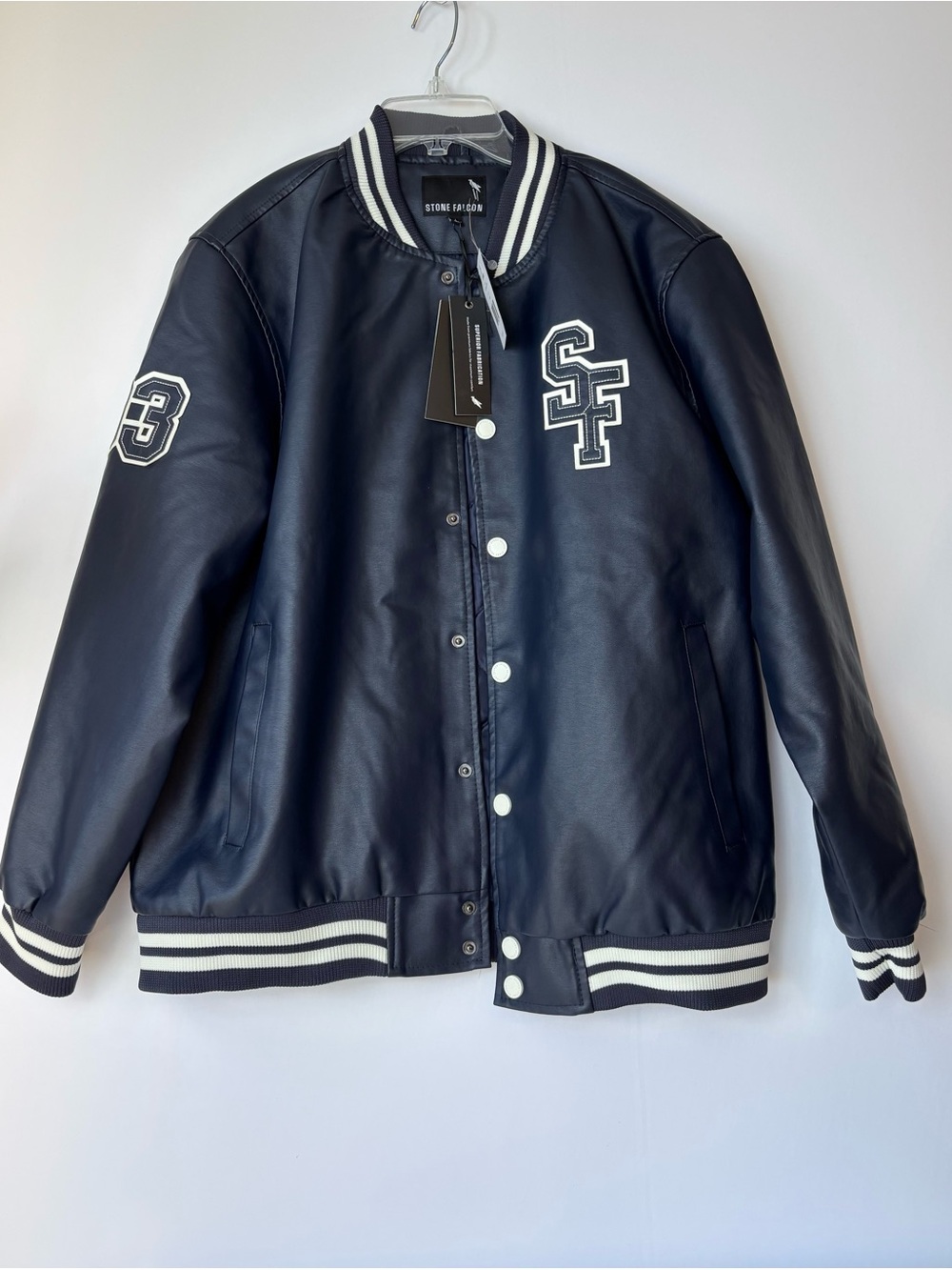 Navy Leather Varsity Bomber Jacket with Contrast Stripes